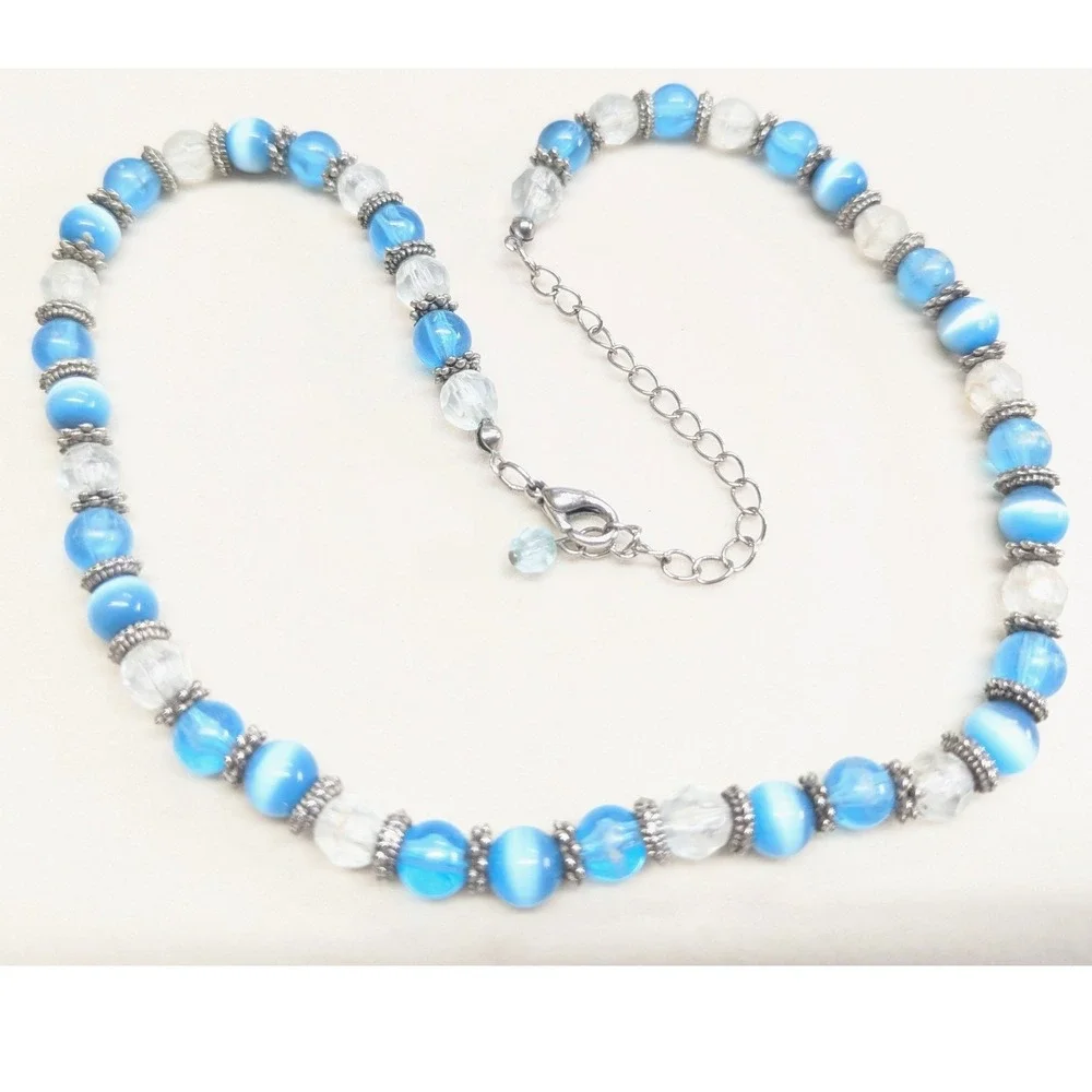 Vintage Beaded Necklace Blue Cats Eye‎ Glass Silver Tone Boho Strand Clear Beads